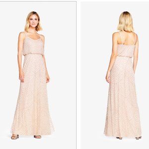 Adrianna Papell Petite Art Deco Beaded Blouson Gown in Taupe Pink